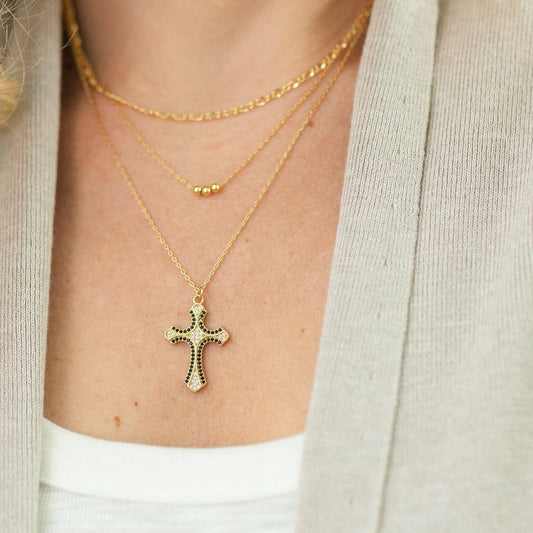 Layered Black Cross Necklace — Gold