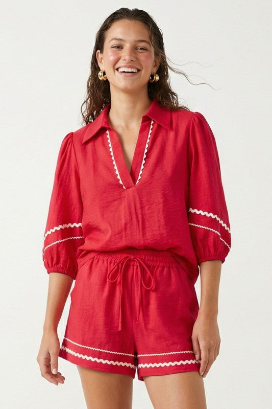 Scarlet Linen Trim Puff Sleeve Blouse