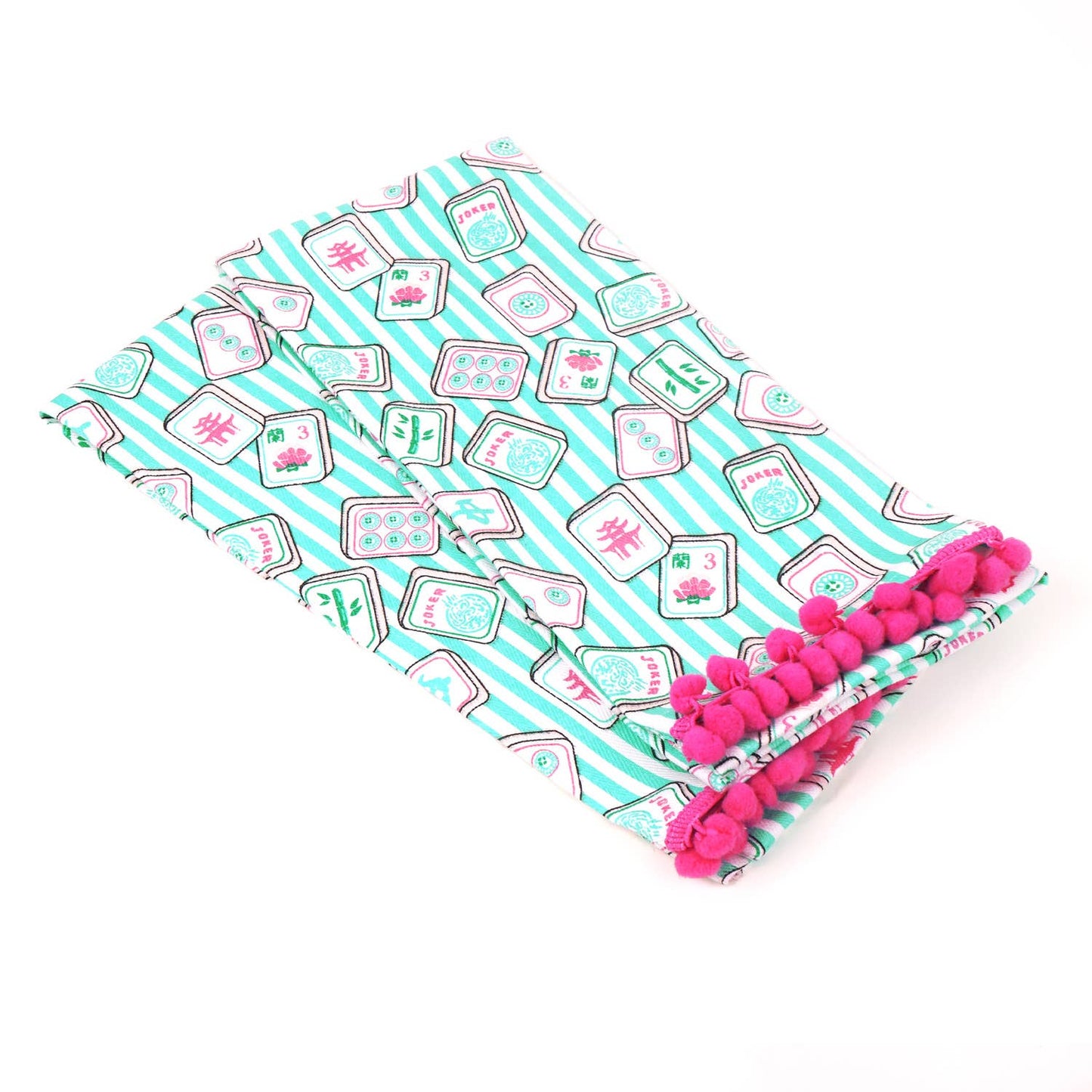 Set of two Mahjong Stripe Pom-Pom Kitchen Towels by 8 Oak Lane featuring colorful striped pattern and decorative pom-poms for kitchen decor.