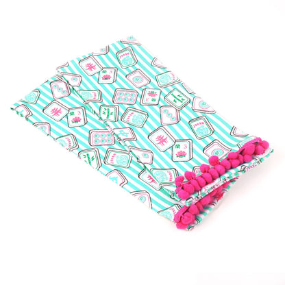 Set of two Mahjong Stripe Pom-Pom Kitchen Towels by 8 Oak Lane featuring colorful striped pattern and decorative pom-poms for kitchen decor.