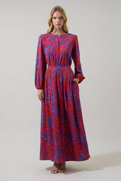 Sugarlips Darret Floral Lucie pleated maxi skirt in vibrant fuchsia multi, featuring a flowy, layered design perfect for summer wear.