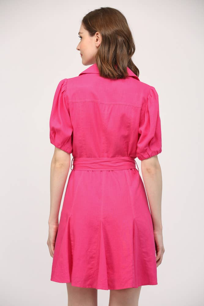 City Bloom Puff-Sleeve Linen Mini (Fuchsia)