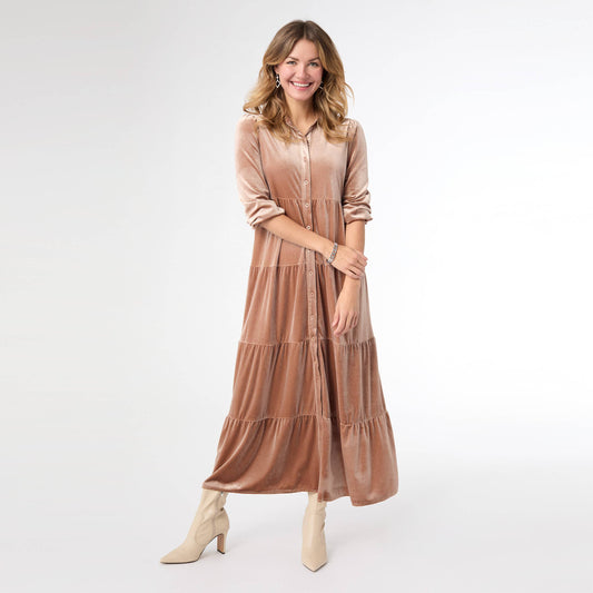 Romance Imagined Velour Dress — Apricot Buff