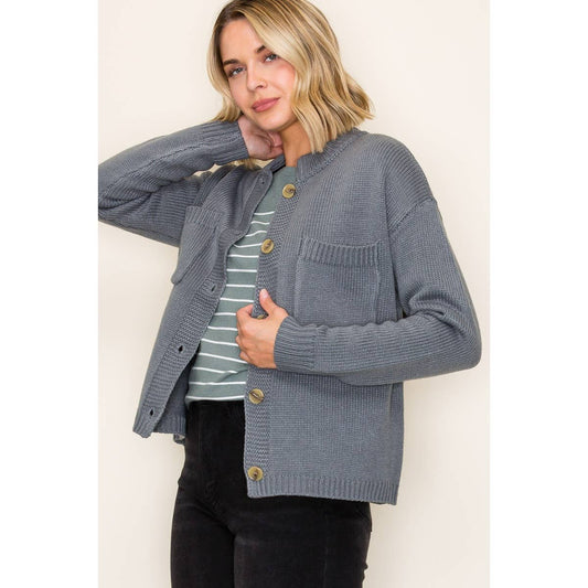 Margot Mock-Collar Button-Down Sweater Cardigan (Dusty Jade)