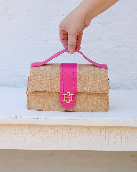 Waverly Raffia Clutch – Natural & Hot Pink