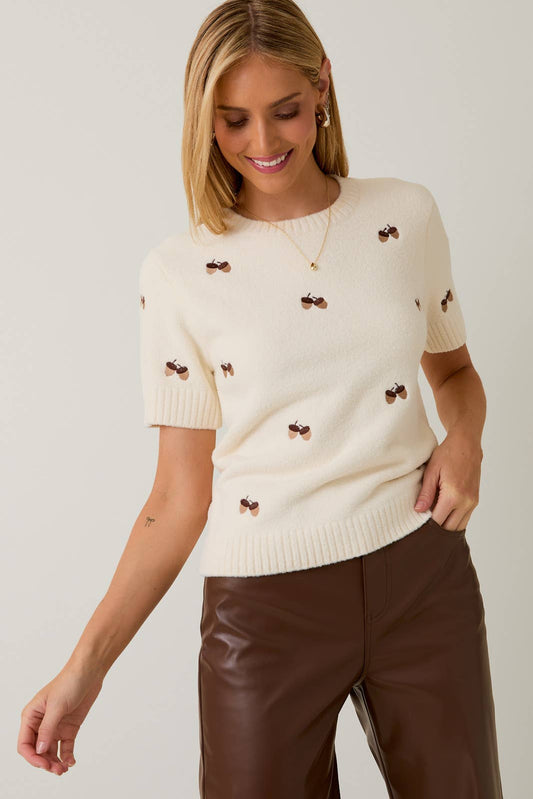 The Elsie Short Sleeve Knit Cream Embroidered Sweater