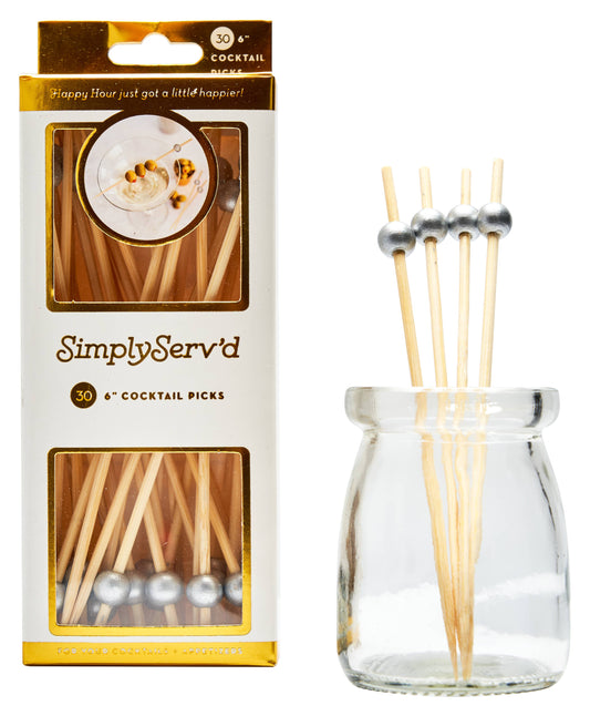 Party Pick Fancy Bamboo Toothpicks – Silver Pearl Tip