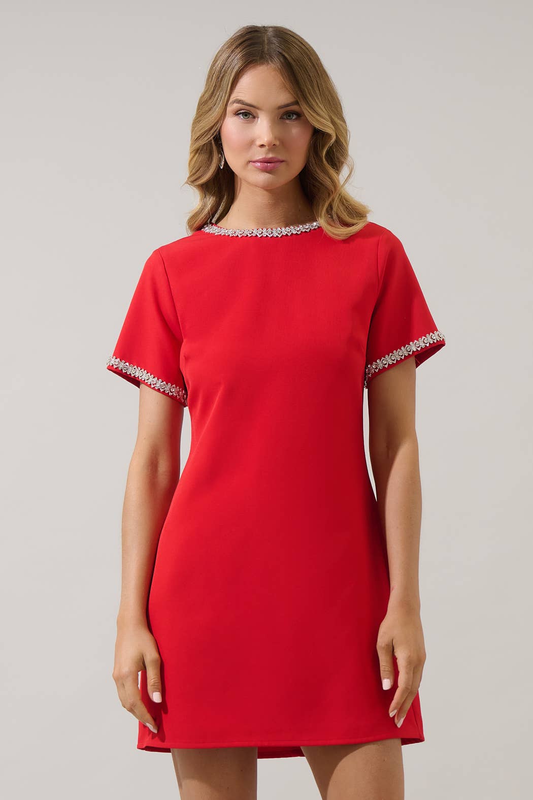 Kaitlyn Rhinestone Shift Mini Dress – Red