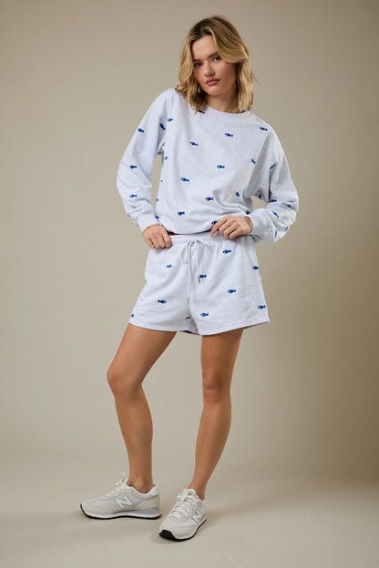 Blue Mini Fish Lounge Set by Sunday Edition, cozy loungewear with a relaxed fit, featuring a blue mini fish pattern on soft fabric.