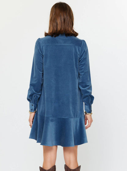 The Caroline Fine Corduroy Mini Dress — Steel Blue