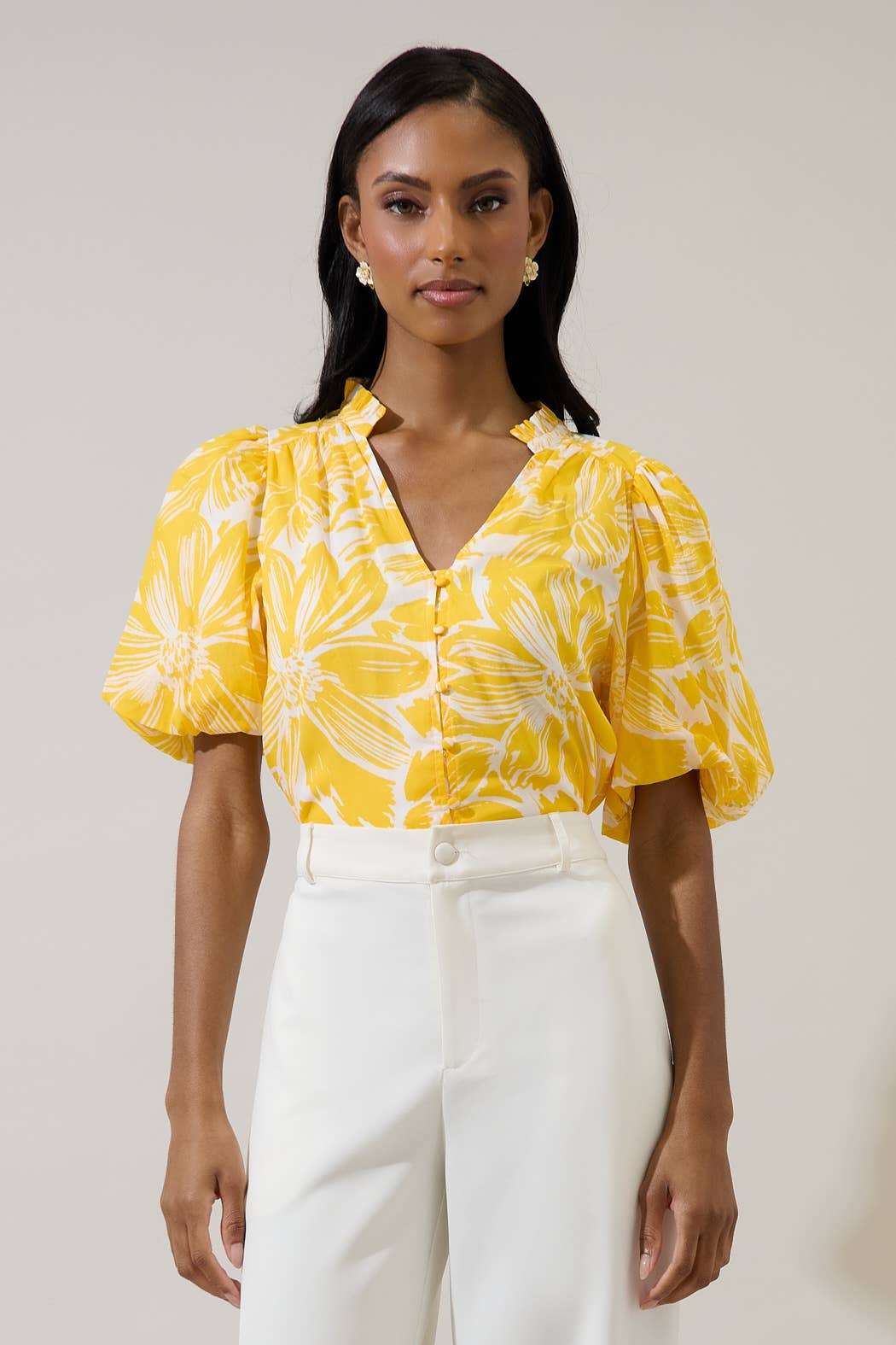 Sugarlips Aurelia Cream and Gold Heirloom Blouse, stylish top with gold accents and elegant cream fabric, displayed on a hanger.