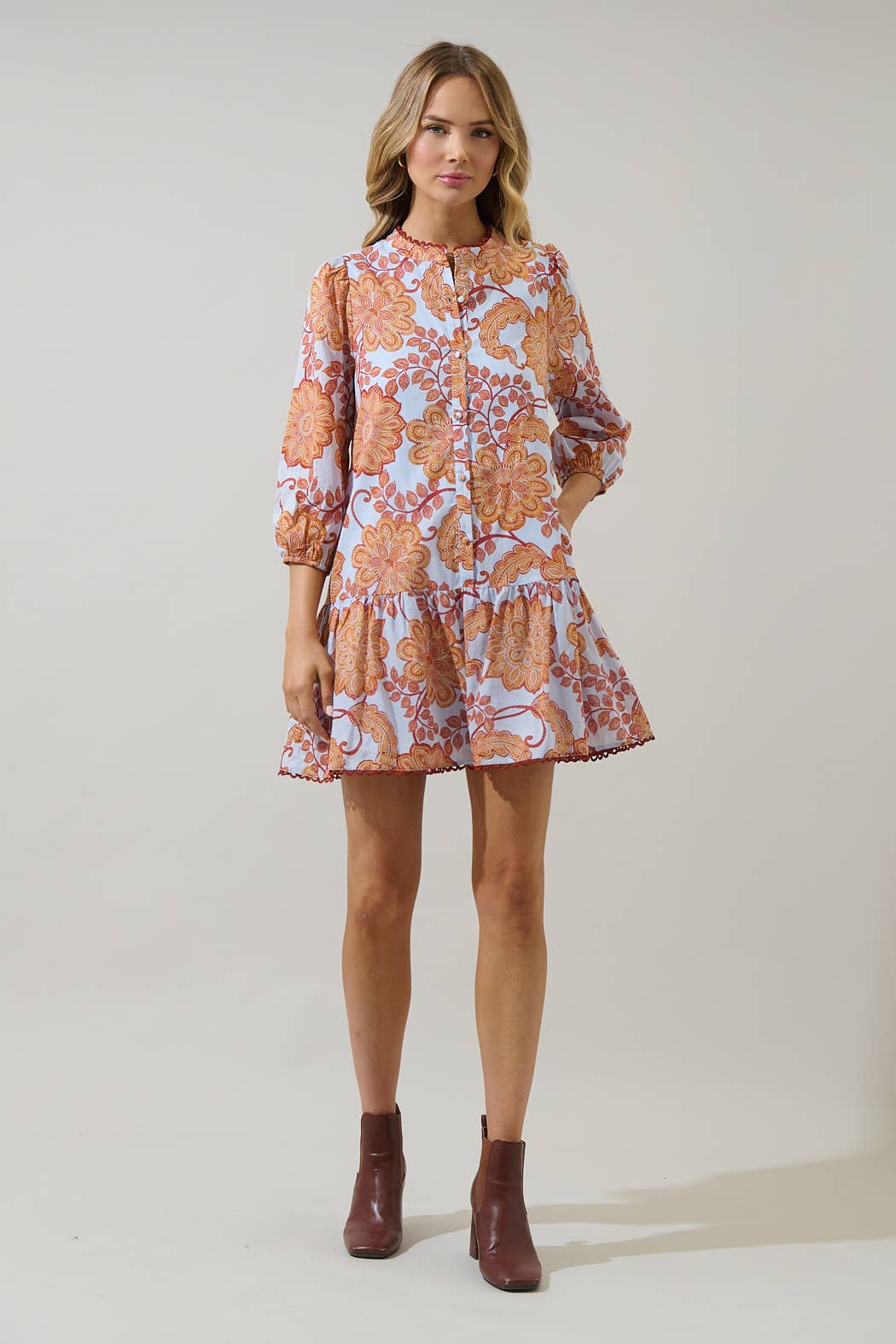 The Yamila Floral Ruffle Mini Dress (Brown & Blue)