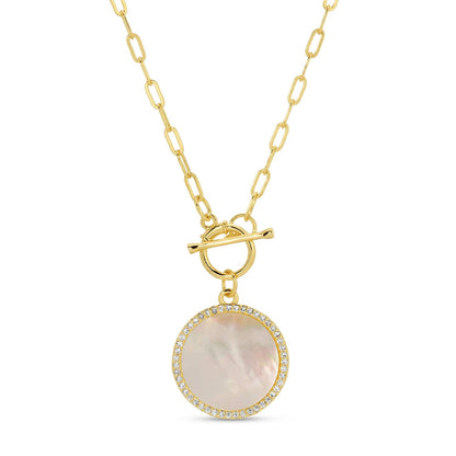 Mother-of-Pearl Pavé Circle Toggle Necklace — Gold