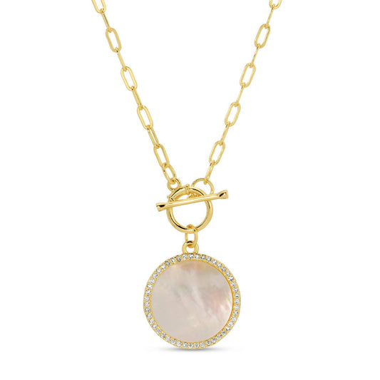 Mother-of-Pearl Pavé Circle Toggle Necklace — Gold