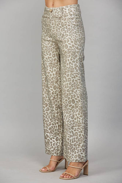Celina Metallic Animal Print Wide-Leg Pants – Beige Multi
