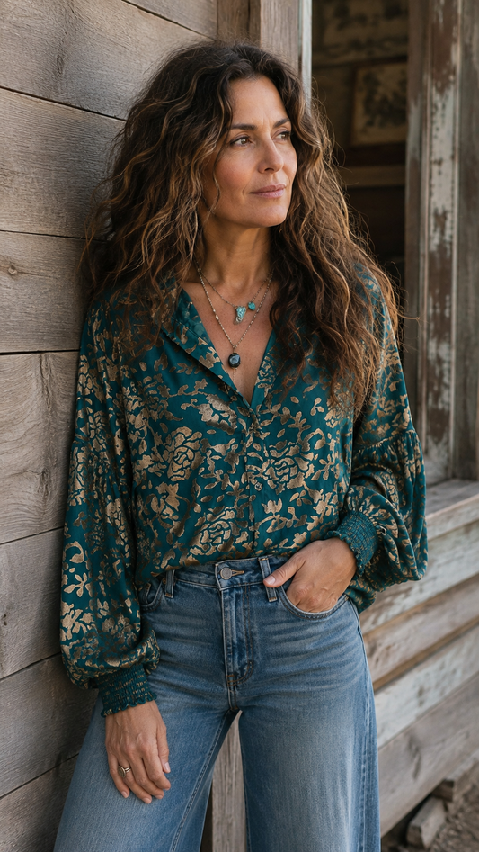 Lil Bee's Bohemian velvet burnout mesh blouse with balloon sleeves and button-up front, stylish and comfortable clothing for women.