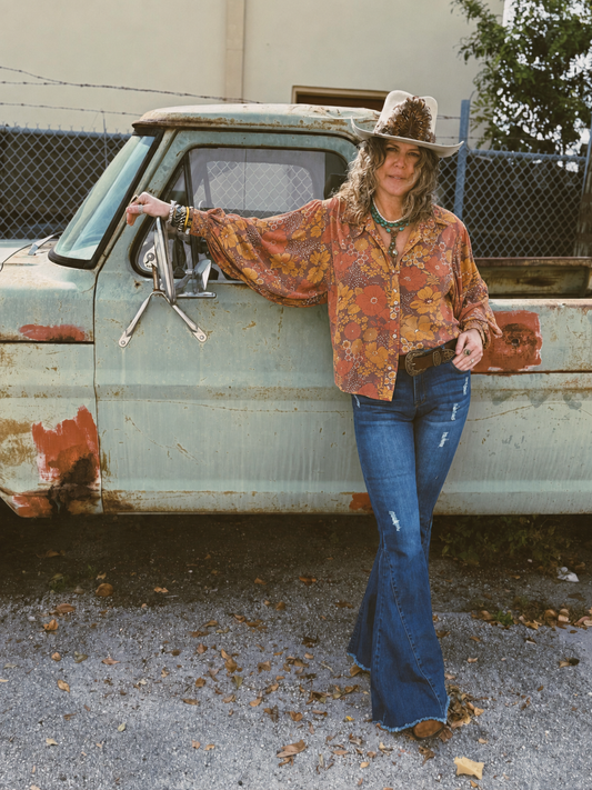 Lil Bee's Bohemian floral mesh blouse with brown retro leaf print, button-up style, lightweight and breathable apparel.