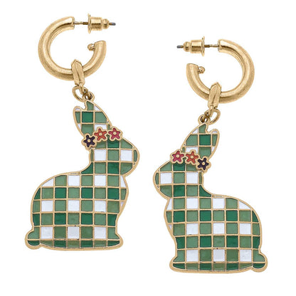 Canvas Style Stella Gingham Bunny Earrings in Garden Green, featuring charming bunny-shaped jewelry with gingham pattern.