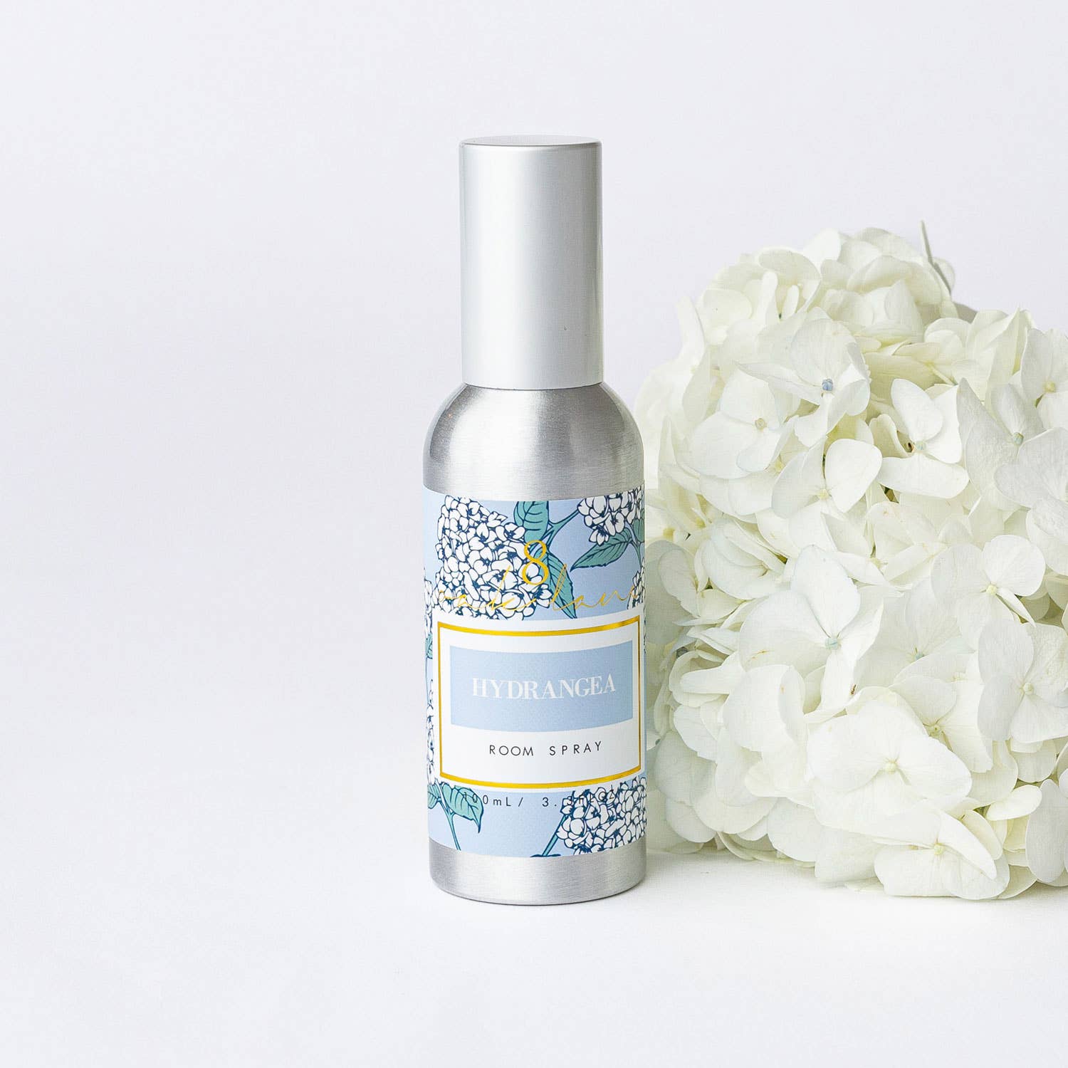 Hydrangea room spray by 8 Oak Lane, fragrant floral spray with blooming hydrangea flowers and elegant packaging.