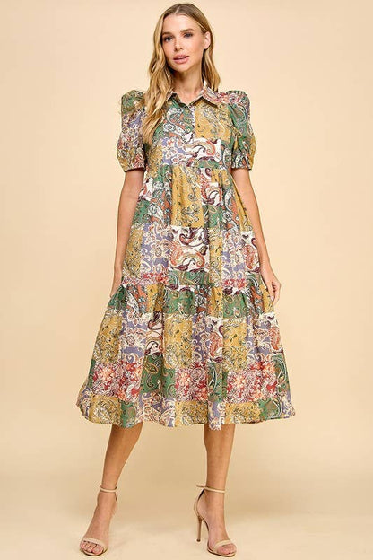 Elodie Abstract Collared Midi Shirt Dress