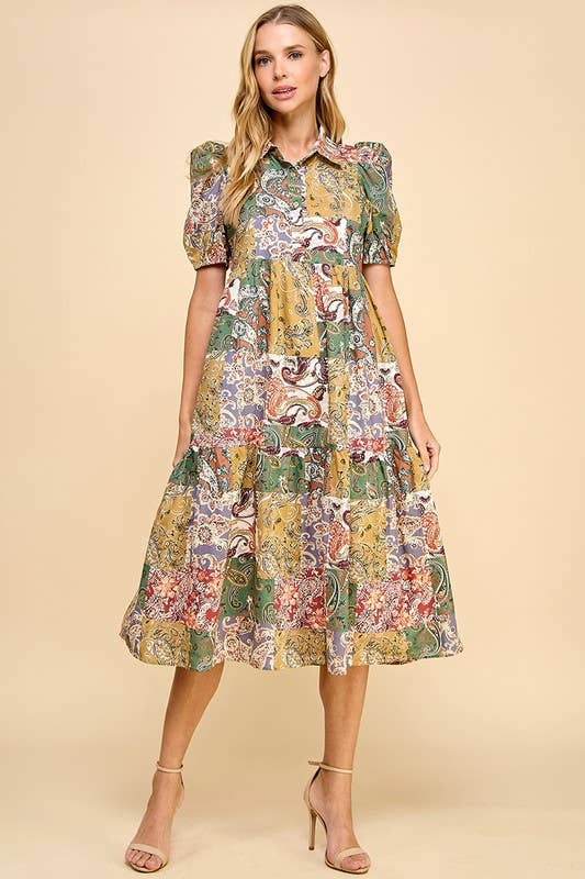 Elodie Abstract Collared Midi Shirt Dress