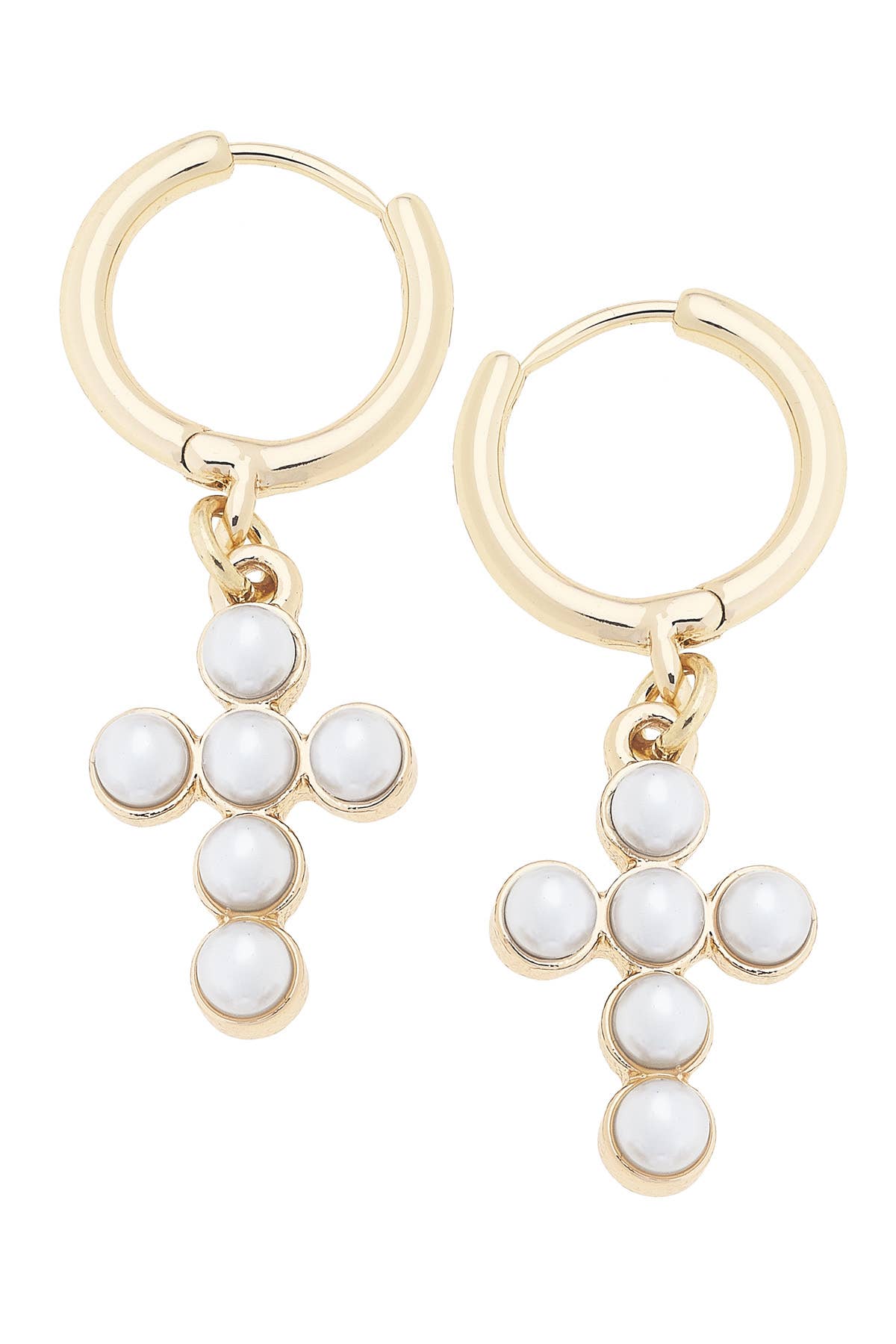 Emily Pearl Cross Drop Hoop Earrings in ivory by Canvas Style, featuring pearl accents and cross charms, jewelry accessory.