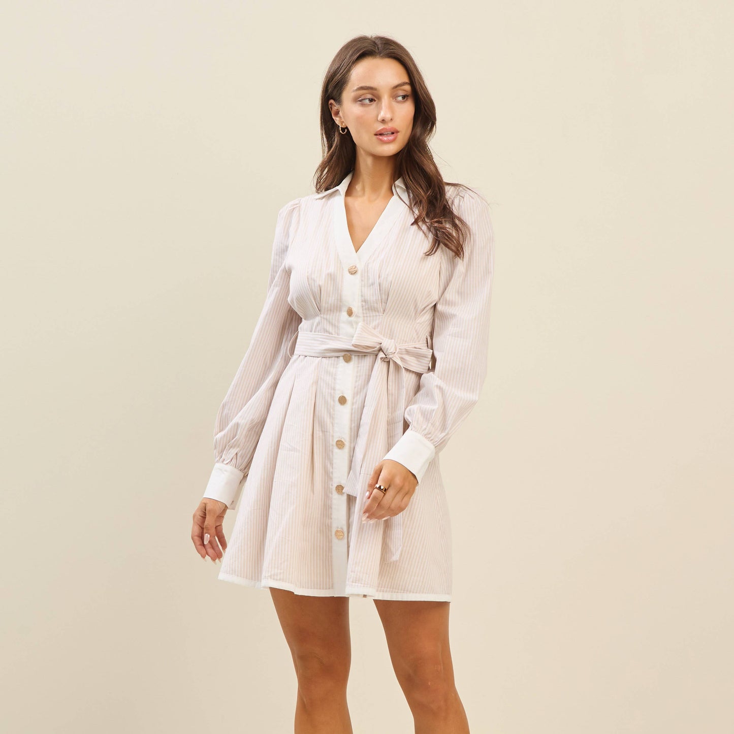 Margaux Gold-Button Stripe Dress – Taupe/White