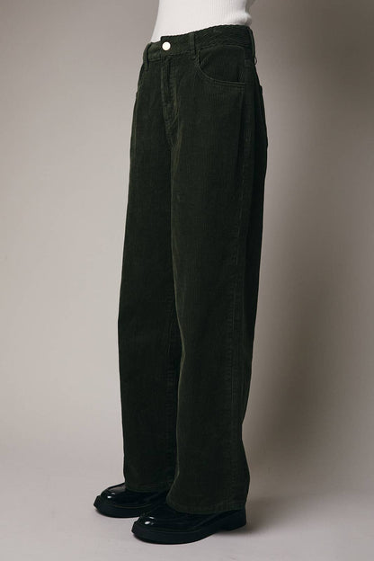 Margot Corduroy Wide-Leg Pants (Olive)