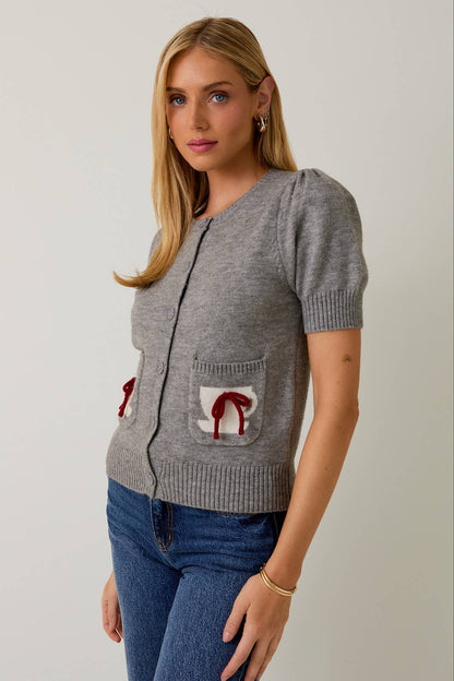 Round Neck Button Up Cup Graphic Sweater Cardigan – H Grey