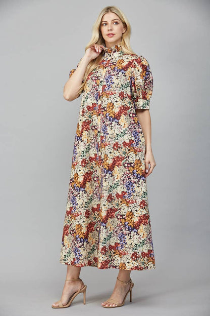 Garden Stroll Ruffle-Neck Midi Dress (Ivory Multi)