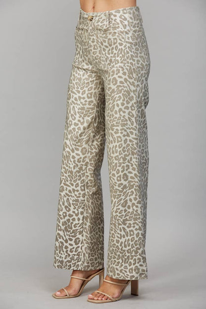 Celina Metallic Animal Print Wide-Leg Pants – Beige Multi