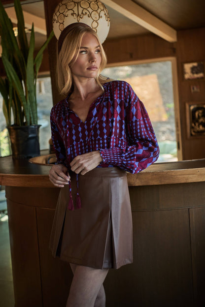 Ramsay Abstract Weylin Split-Neck Blouse – Burgundy & Blue