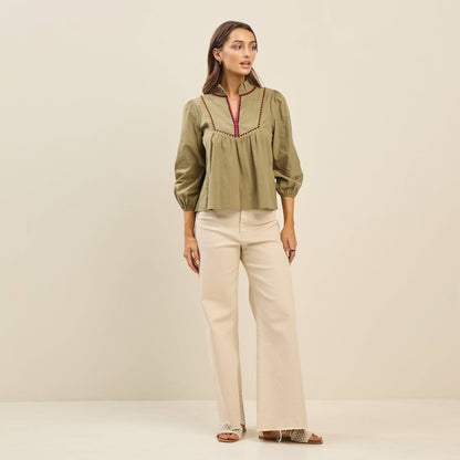 Sloane Embroidered Collar Blouse – Olive