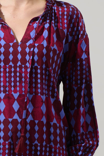 Ramsay Abstract Weylin Split-Neck Blouse – Burgundy & Blue