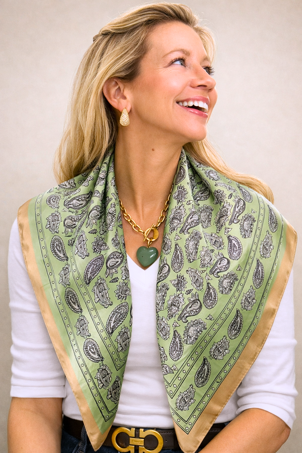Vintage silk square scarf in fresh green with intricate patterns, stylish accessory from UZ Wholesale Store.