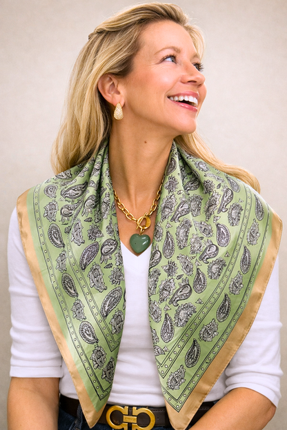 Vintage silk square scarf in fresh green with intricate patterns, stylish accessory from UZ Wholesale Store.