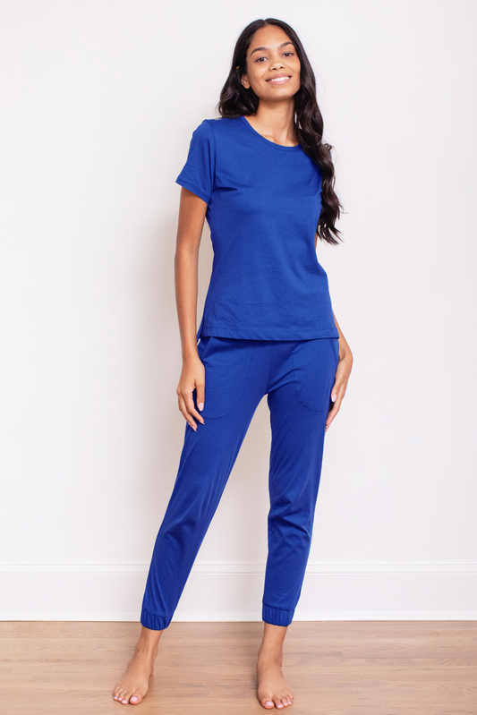 Leena & Lu Pima short sleeve jogger pajama set, soft cotton fabric, with a relaxed fit and matching top and pants.