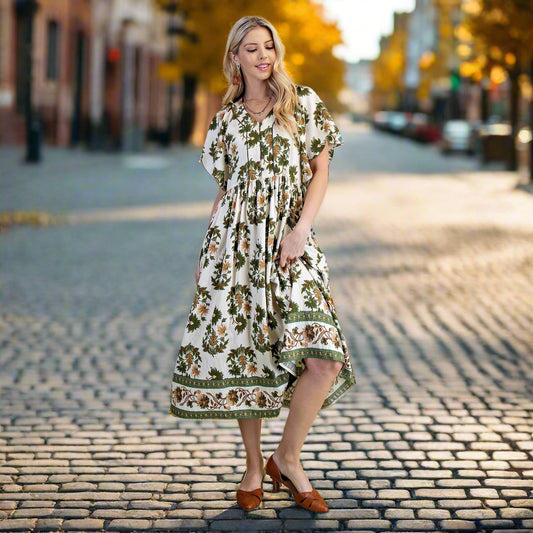 Floral Printed V-Neck Short-Sleeve Midi Dress – Olive Mix