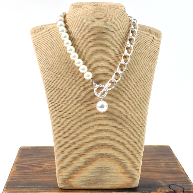 N21144 Faux Pearl Chain Link Necklace