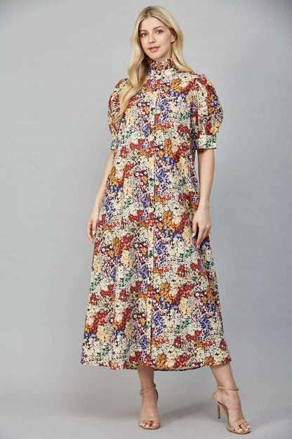 Garden Stroll Ruffle-Neck Midi Dress (Ivory Multi)