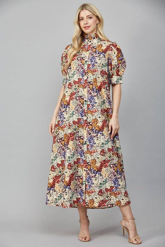 Garden Stroll Ruffle-Neck Midi Dress (Ivory Multi)