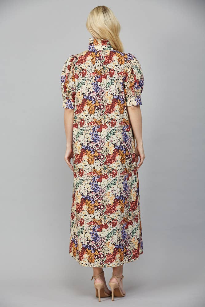 Garden Stroll Ruffle-Neck Midi Dress (Ivory Multi)
