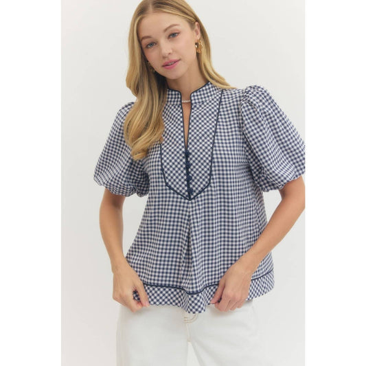 Cambridge Gingham Puff Sleeve Blouse – Navy