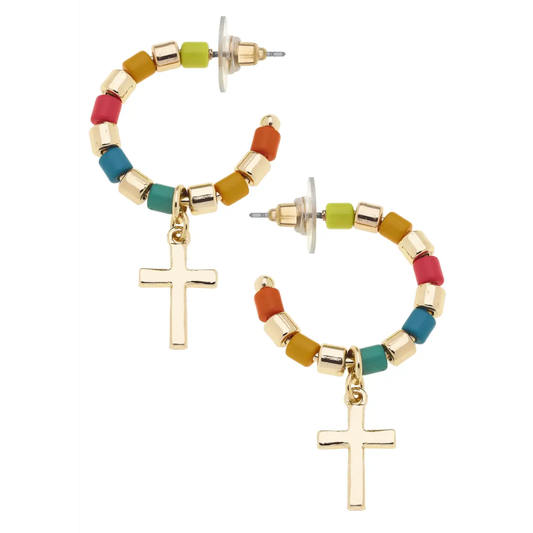 Elizabeth Enamel Tile Beaded Cross Drop Hoop Earrings