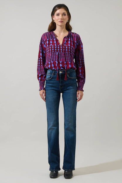 Ramsay Abstract Weylin Split-Neck Blouse – Burgundy & Blue