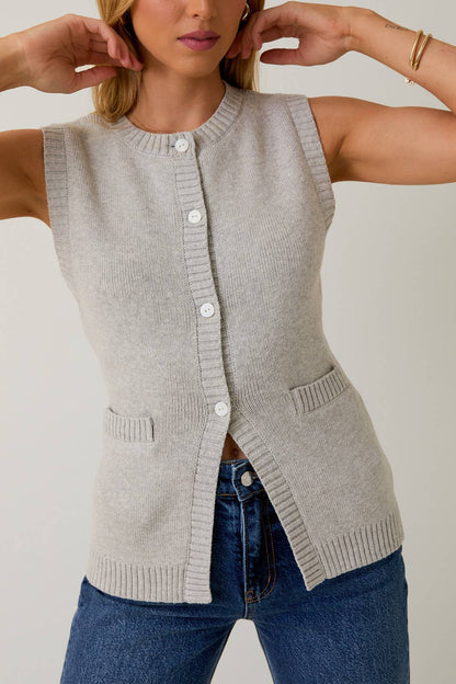 Margaux Button-Down Knit Vest (Heather Grey)