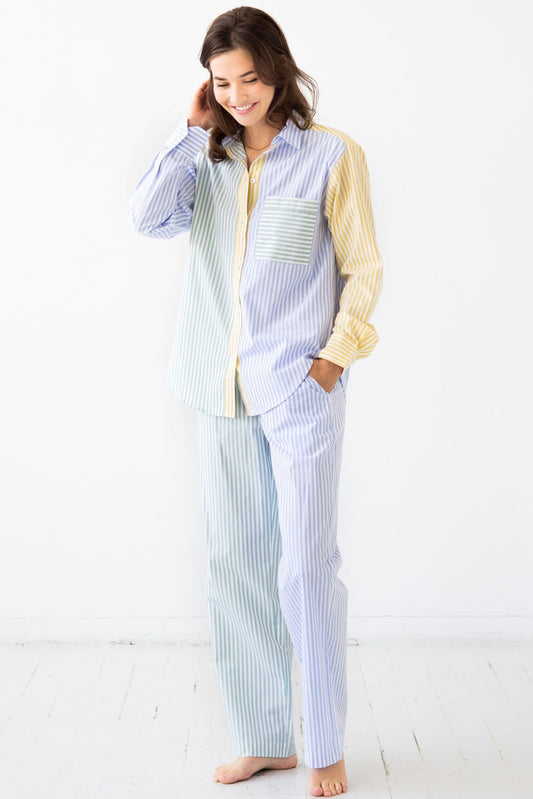 Salua Lingerie Amalfi Stripes Resort full length pajama set with blue and white striped design, featuring a relaxed fit and soft fabric.