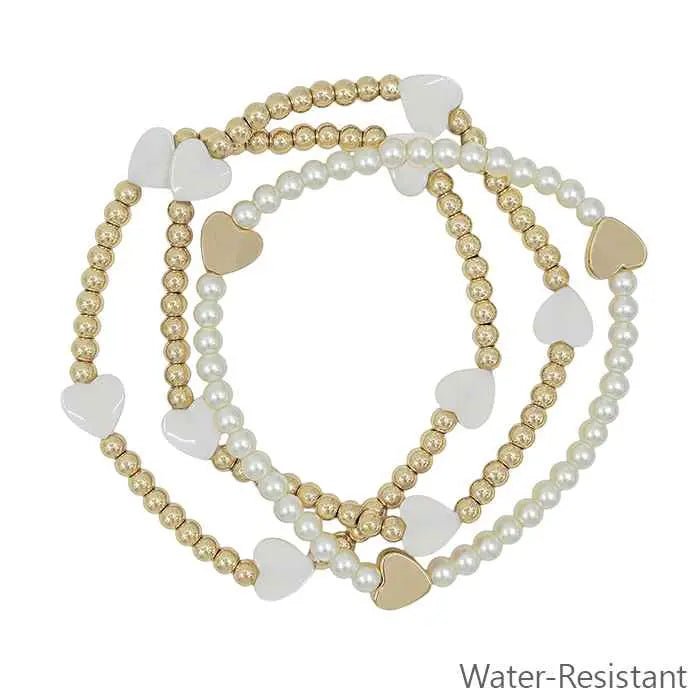 Amelia Water-Resistant Gold Beaded Pearl & White Heart Bracelet Set - Jewelry
