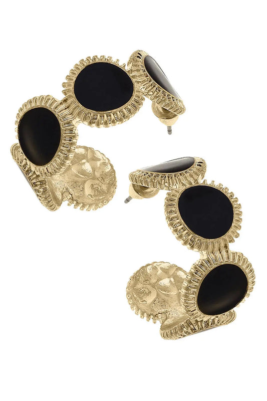 Bianca Fluted Enamel Disc Hoop Earrings - Black - Jewelry