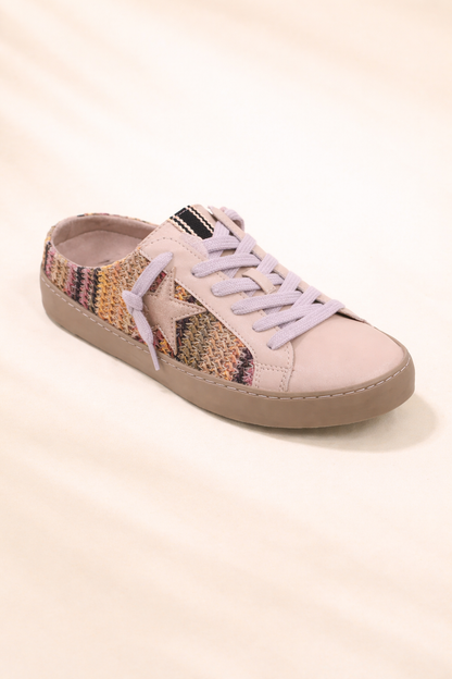 Blush pink Polka Multi-Stripe sneaker from ShuShop featuring a casual footwear design on a cream backdrop.